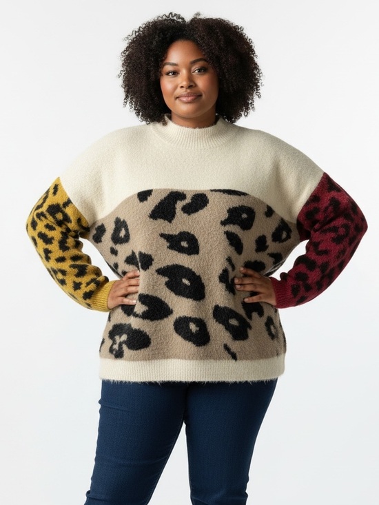 Coco + Carmen Sweaters - Coco Carmen Eyelash Knit Sweater Women L/XL Leopard Colorblock Mock Neck pullove